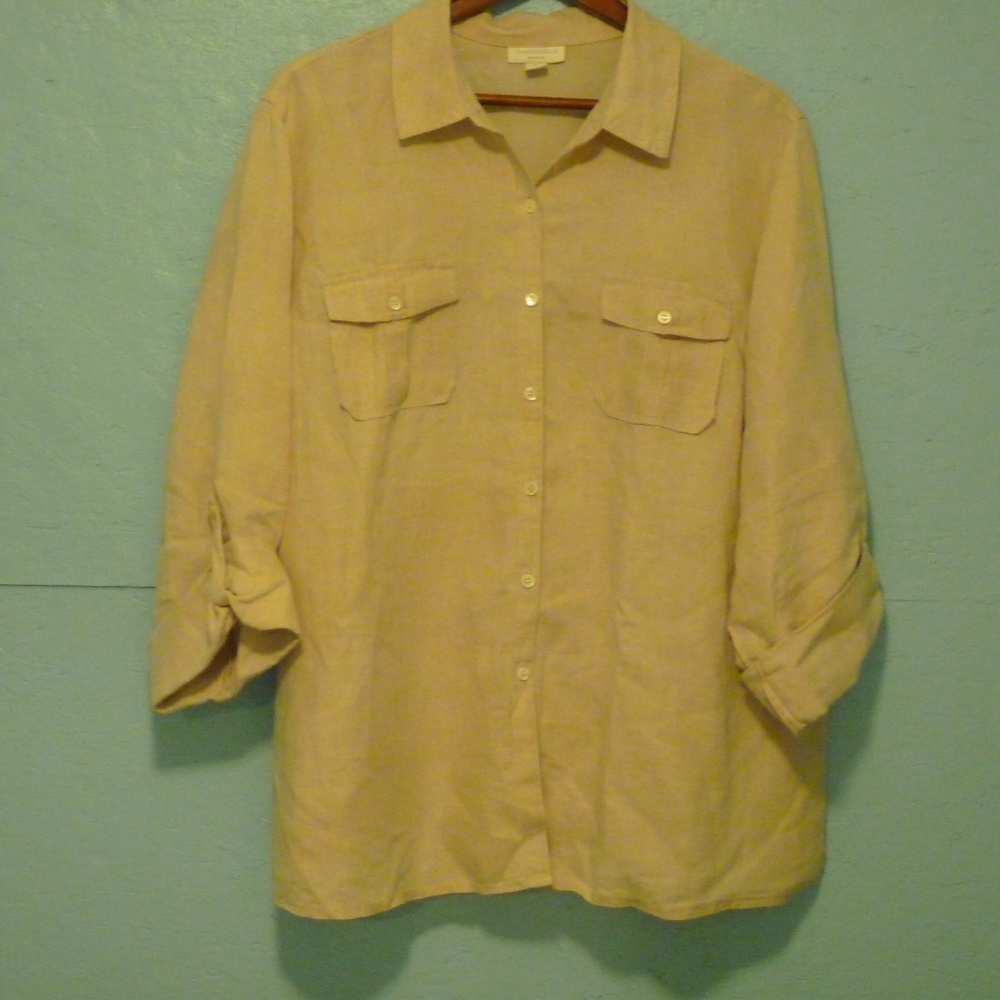 Beige, Long Sleeve Linen Blouse Women's 18W #1018
